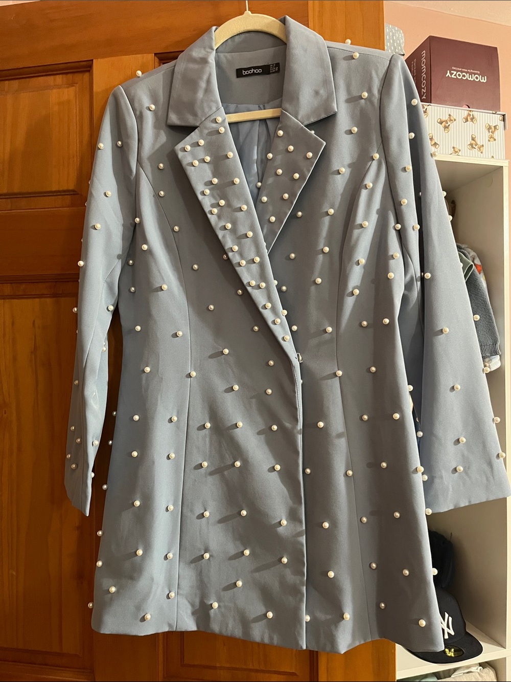 Boohoo Pale Blue Pearl-Embellished Blazer Dress